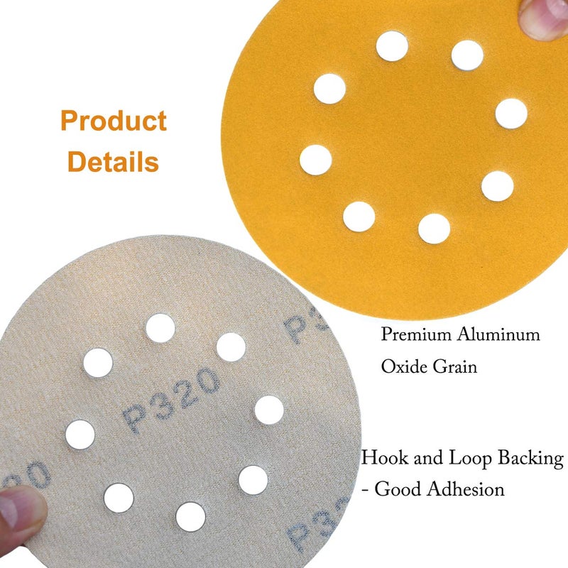 Aiyard 5-Inch 8-Hole Hook and Loop Sanding Discs 320-Grit Random Orbit Sandpaper, 50-Pack - Image 5